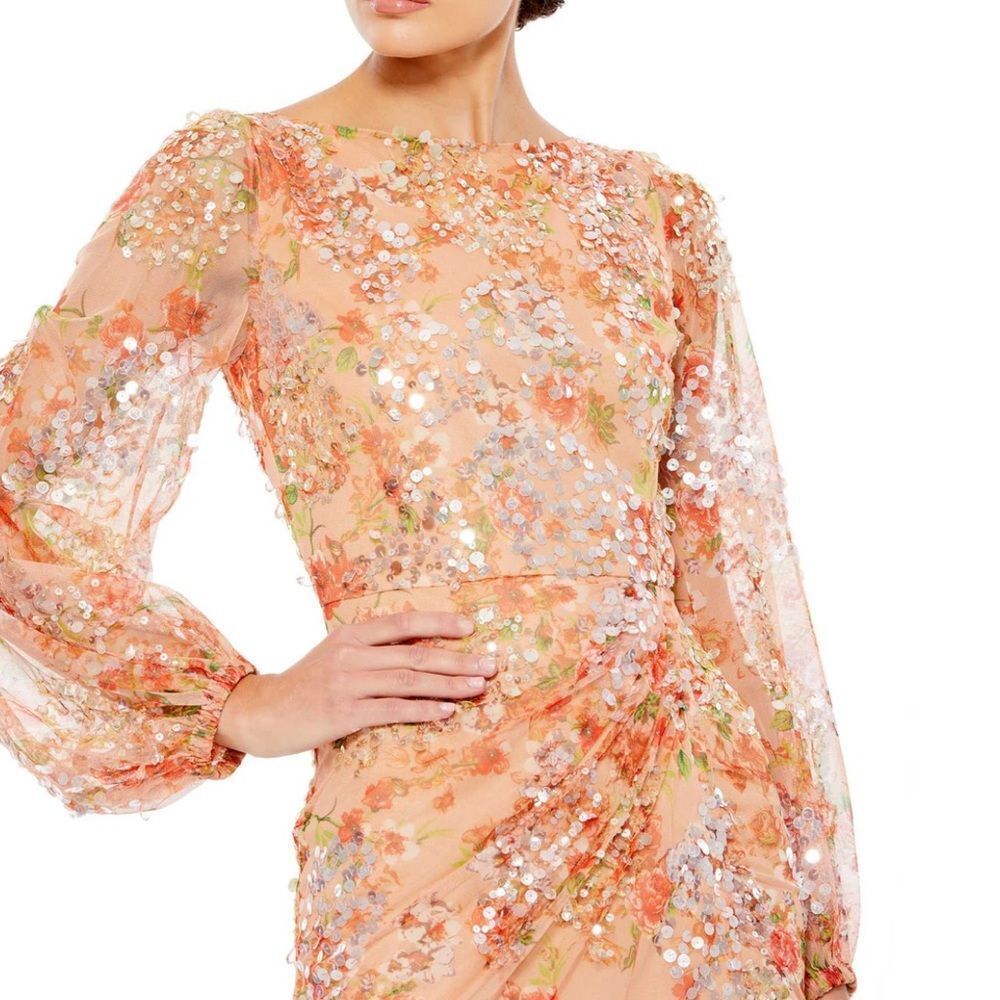 NWT Mac Duggal FLORAL PRINT SEQUINED PUFF SLEEVE GOWN 93547 - Picture 3 of 13